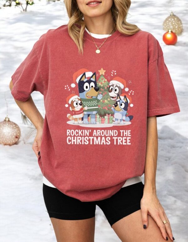 Bluey Family, Rockin' Around The Christmas Tree Blue And Friends Christmas Sweatshirt Product Photo 1