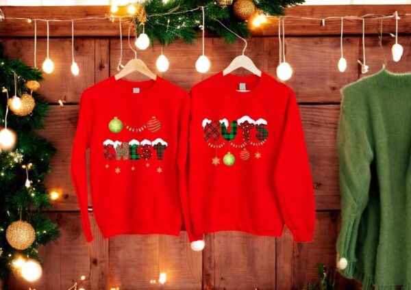 Chestnuts, chest adn nuts print Couple Matching Christmas Sweatshirts Product Photo 1