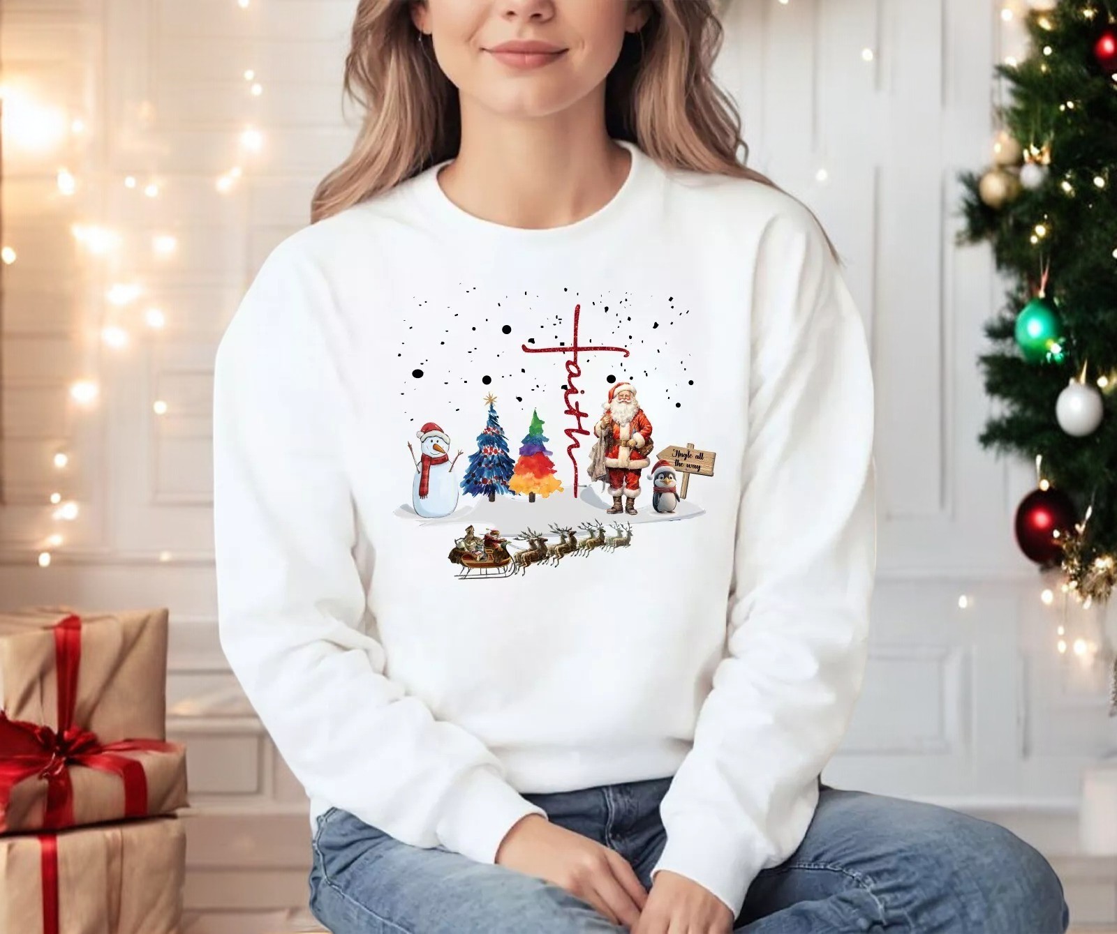 Christ Faith Santa Christmas Sweatshirt, Snowman Deer Christmas Shirt Product Photo 2