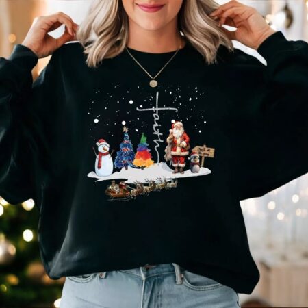 Christ Faith Santa Christmas Sweatshirt, Snowman Deer Christmas Shirt Product Photo 1