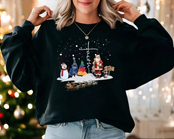 Christ Faith Santa Christmas Sweatshirt, Snowman Deer Christmas Shirt Product Photo 1