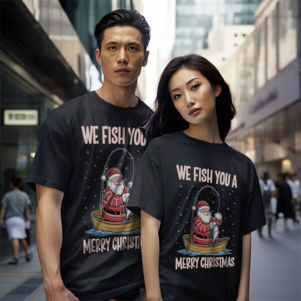 Christmas Costume Fisherman Fishing Funny Cool Santa Claus Shirt Gift - Black Couple White T-Shirt