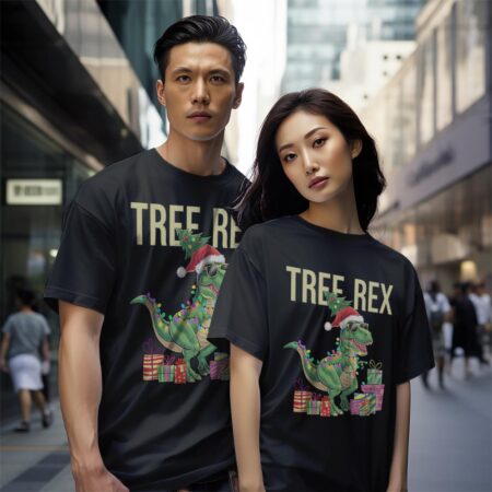 Christmas Dinosaur Tree Rex Xmas Trex Shirt Gift - Black Couple White T-Shirt