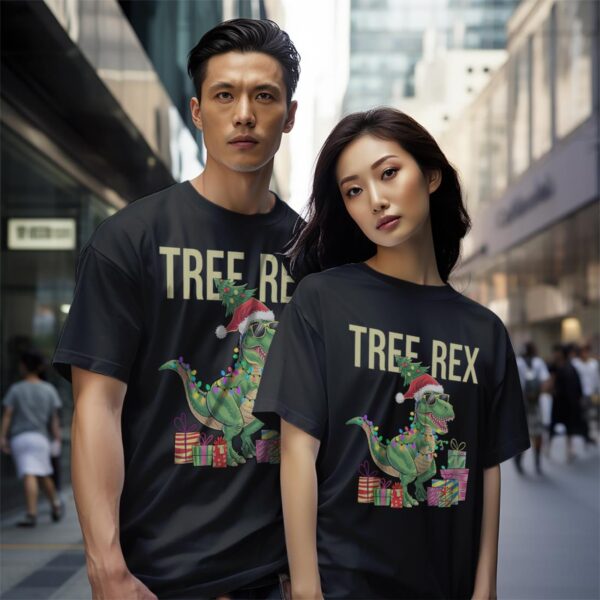 Christmas Dinosaur Tree Rex Xmas Trex Shirt Gift - Black Couple White T-Shirt