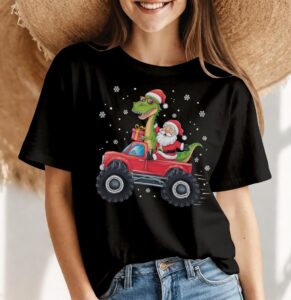 Christmas Family Matching Santa Truck Dinosaur Shirt Gift - Women Black T-Shirt