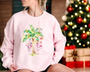 Christmas Palm Flamingo Sweatshirt Product Photo 2