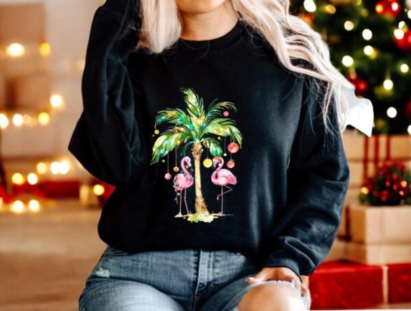 Christmas Palm Flamingo Sweatshirt Product Photo 1