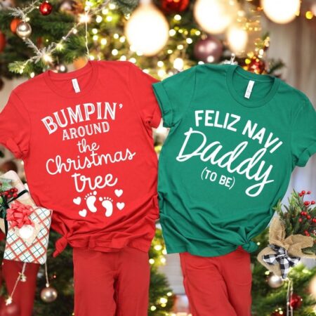 Christmas Pregnancy Announcement, Bumpin Around The Christmas Tree Christmas Couple Matching Shirt Product Photo 1