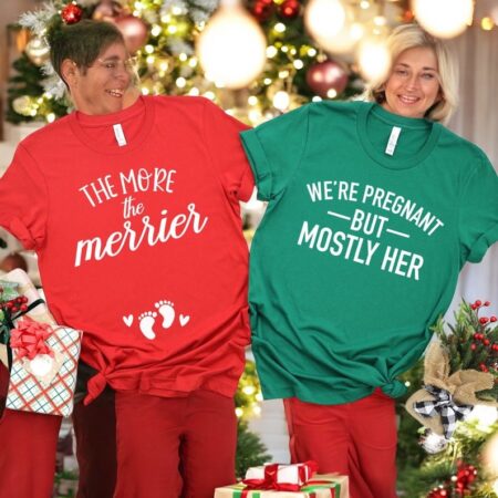 Christmas Pregnancy Announcement, He More The Merrier Christmas Couple Matching Shirt Product Photo 1