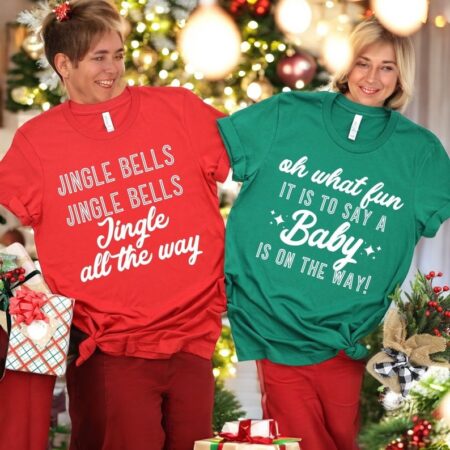 Christmas Pregnancy Announcement, Jinge Bells All The Way Christmas Couple Matching Shirt Product Photo 1