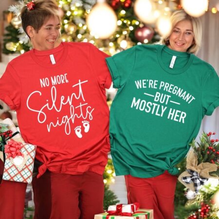 Christmas Pregnancy Announcement, No More Silent Nights Christmas Couple Matching Shirt Product Photo 1