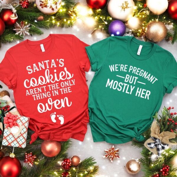 Christmas Pregnancy Announcement, Santa's Cookies Aen't The Only Thing In The Oven Christmas Couple Matching Shirt Product Photo 1