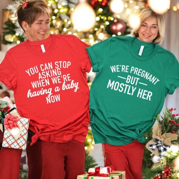 Christmas Pregnancy Announcement, You Can Stop Asking When We're Having A Baby Now Christmas Couple Matching Shirt Product Photo 1