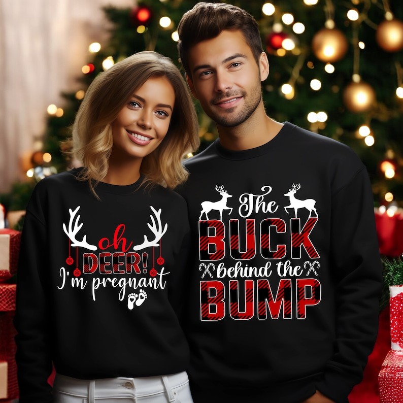 Christmas Pregnancy, Oh Deer I'm Pregnant, the buck behind the bump Matching Christmas Couple Sweatshirt Product Photo 2