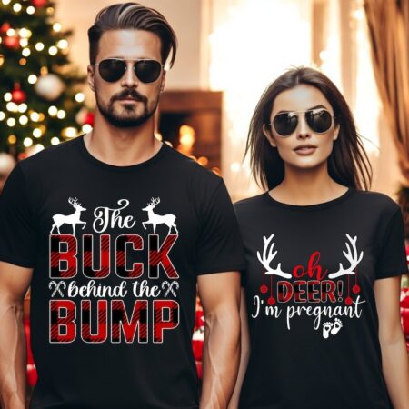 Christmas Pregnancy, Oh Deer I'm Pregnant, the buck behind the bump Matching Christmas Couple Sweatshirt Product Photo 1