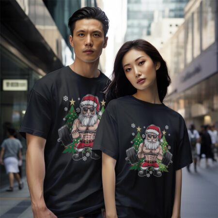 Christmas Santa Deadlift Xmas Weightlift Gym Shirt Gift - Black Couple White T-Shirt