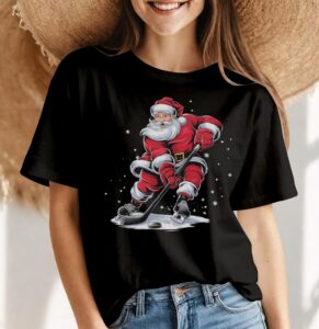 Christmas Sports Santa Plays Ice Hockey, Xmas Shirt Gift - Women Black T-Shirt