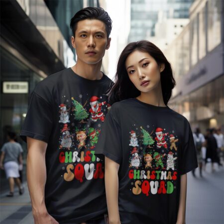 Christmas Squad Santa Dabbing Elf Family Matching Shirt Gift - Black Couple White T-Shirt