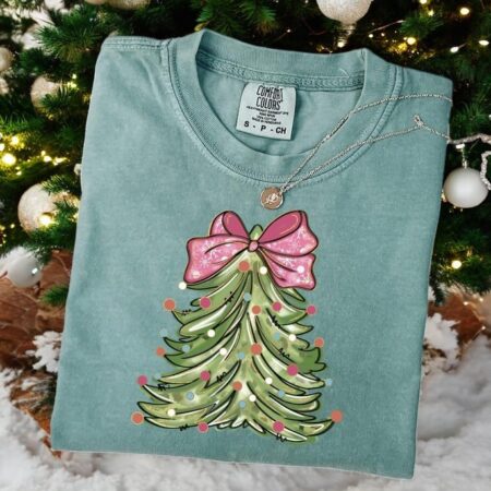 Comfort Colors Christmas Tree Shirt With Coquette Bow Christmas Sweatshirt Product Photo 1