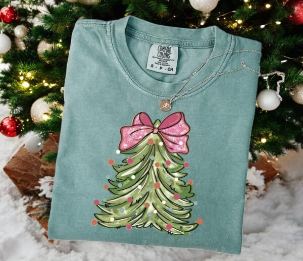 Comfort Colors Christmas Tree Shirt With Coquette Bow Christmas Sweatshirt Product Photo 1