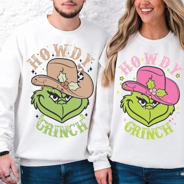 Cowboy Howdy Grinch Couple Matching Christmas Sweatshirts Product Photo 1