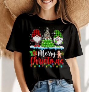 Cute Gnomes Merry Christmas Light Family Gnome Xmas Matching Shirt Gift - Women Black T-Shirt