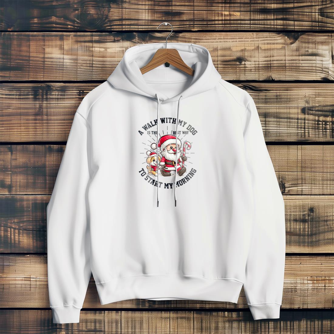 Cute Santa Morning Walk With His Dog Merry Christmas Christmas Shirt - White Hoodie