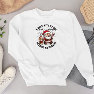 Cute Santa Morning Walk With His Dog Merry Christmas Christmas Shirt - White Sweatshirt