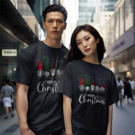 Cute Xmas Gnomes In Plaid Hats Merry Christmas Gift Fabulous Gnome Graphic Christmas Shirt - Black Couple White T-Shirt