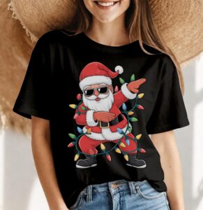 Dabbing Santa Xmas Lights Christmas Shirt Gift - Women Black T-Shirt