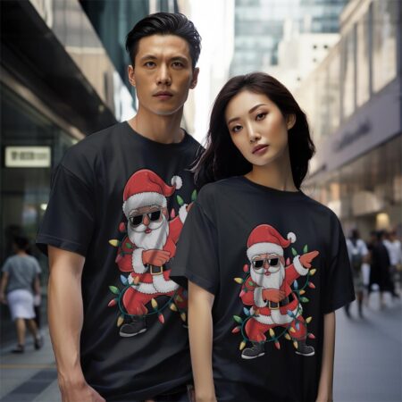 Dabbing Santa Xmas Lights Christmas Shirt Gift - Black Couple White T-Shirt