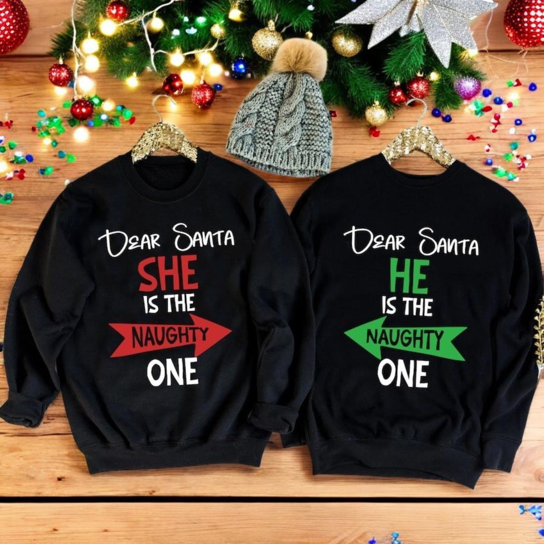 Dear Santa Funny Christmas Couple Shirts, Matching Shirt For Couple Product Photo 2