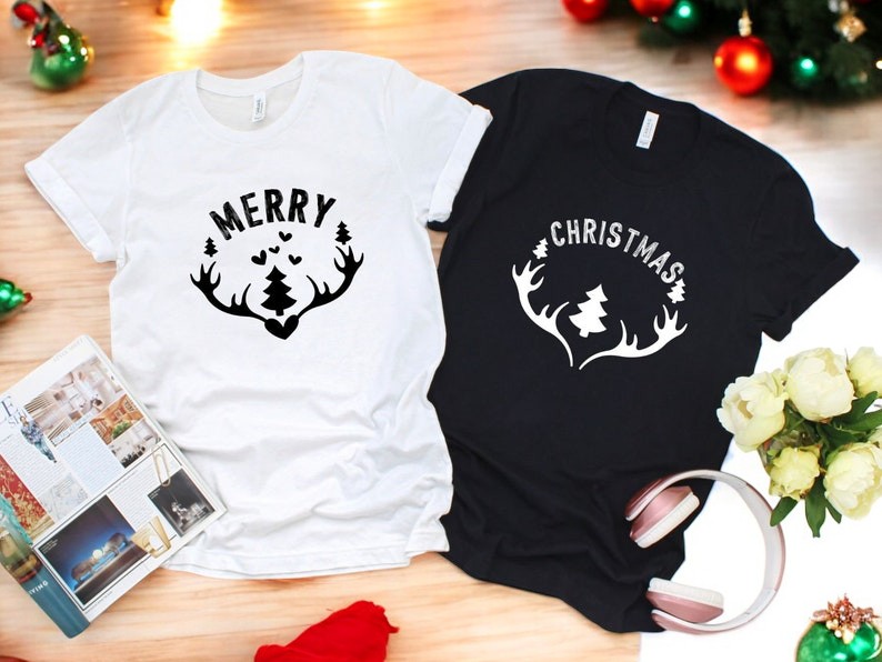 Deer Antlers Merry Christmas Couple Matching Christmas Shirt Product Photo 2