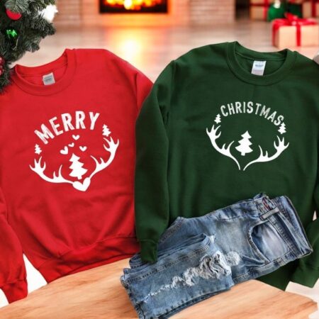 Deer Antlers Merry Christmas Couple Matching Christmas Shirt Product Photo 1