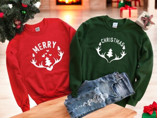 Deer Antlers Merry Christmas Couple Matching Christmas Shirt Product Photo 1