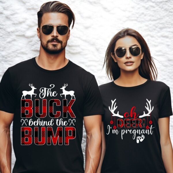 Deer I'm Pregnant, The Buck Behind The Bump Couple Matching Christmas Sweatshirts Product Photo 1