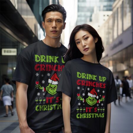 Drink Up Grinches Shirt, Hoodie, Christmas Sweatshirt - Black Couple White T-Shirt