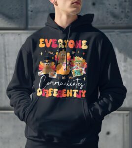 Everyone Communicates Differently Thanksgiving SLP Sped Teacher Shirt Gift - Men Black Hoodie