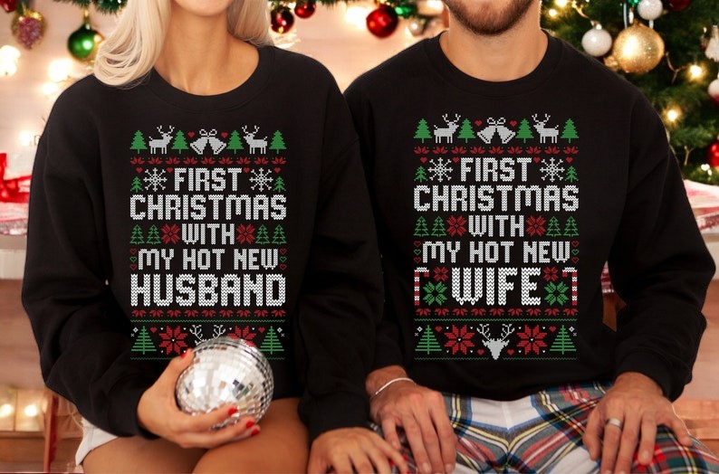 First Christmas With My Hot New Husband Couple Matching Christmas Shirt Product Photo 2