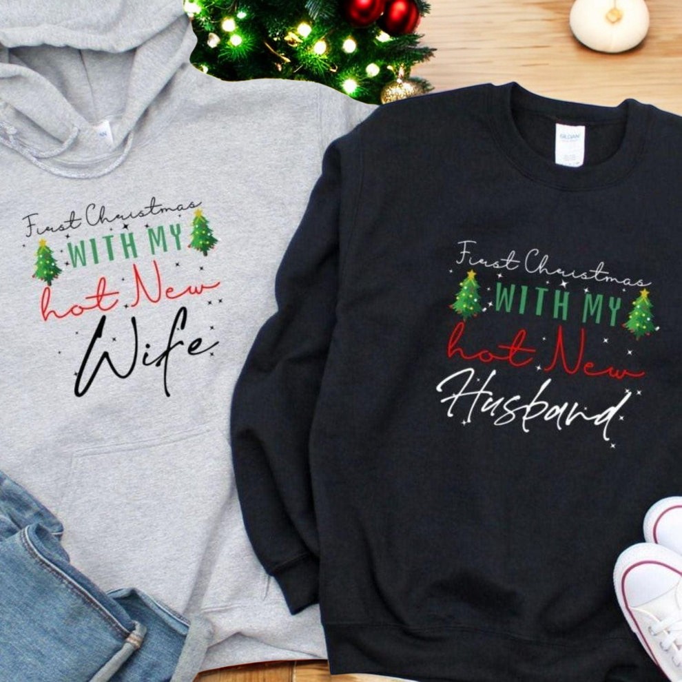 First Christmas With My Hot New Husband, Wife Christmas Couple Matching Shirt Product Photo 2