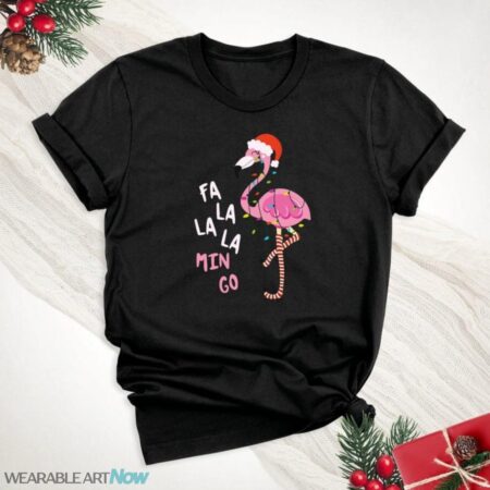 Flamingo Santa Hat Christmas Shirt, Pink Christmas Fa La La La Min Go Shirt For Xmas Holiday Product Photo 1