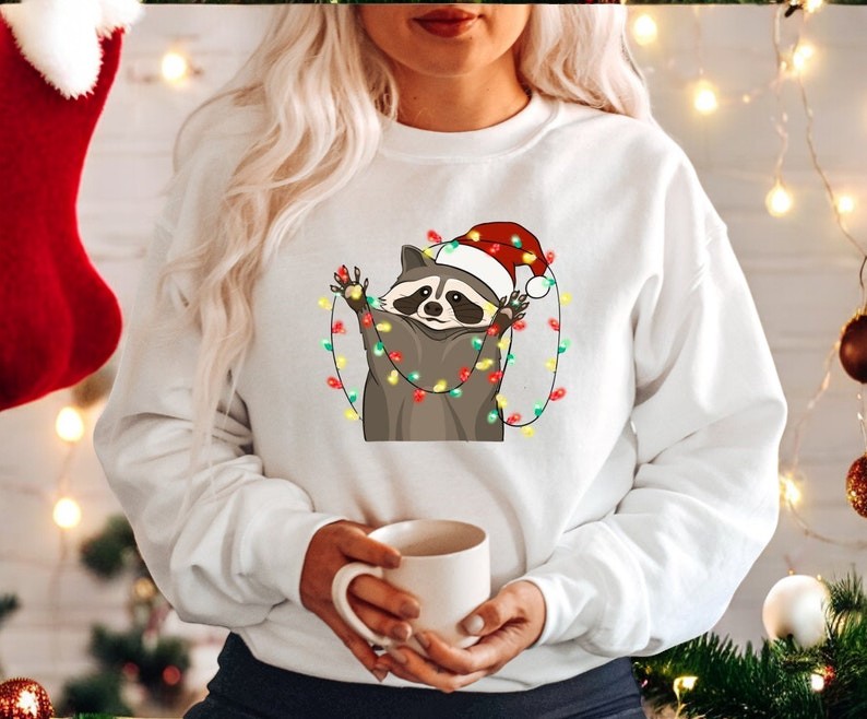 Funny Christmas Lights Raccoon Happy Holiday Christmas Sweatshirt Product Photo 2