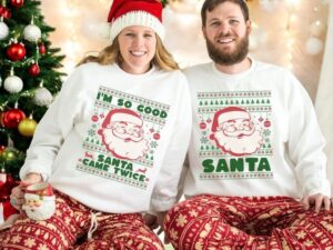 Funny Matching Couples Ugly Christmas Sweatshirt Santa Came Twice Product Photo 2