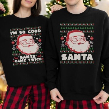 Funny Matching Couples Ugly Christmas Sweatshirt Santa Came Twice Product Photo 1