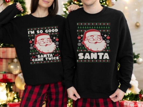 Funny Matching Couples Ugly Christmas Sweatshirt Santa Came Twice Product Photo 1