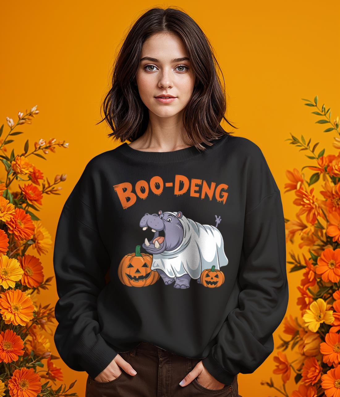 Funny Moo Deng Halloween Boo Ghost Costume Moo-Deng Lover - Girl Black Swearshirt