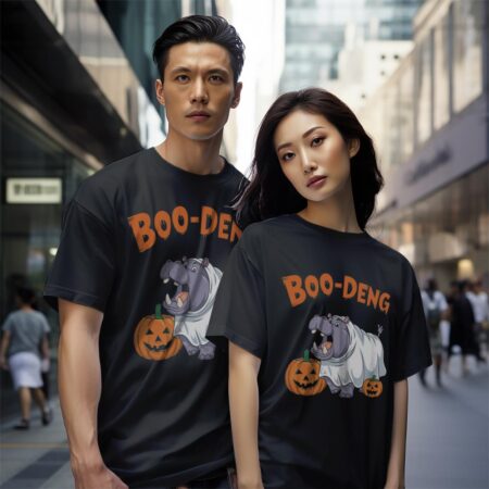 Funny Moo Deng Halloween Boo Ghost Costume Moo-Deng Lover - Black Couple White T-Shirt