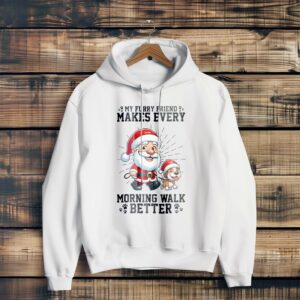 Funny Santa Morning Walk With His Dog Merry Christmas Christmas Shirt - White Hoodie