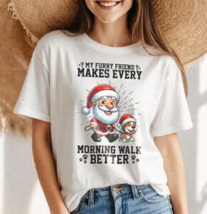 Funny Santa Morning Walk With His Dog Merry Christmas Christmas Shirt - Women White T-Shirt