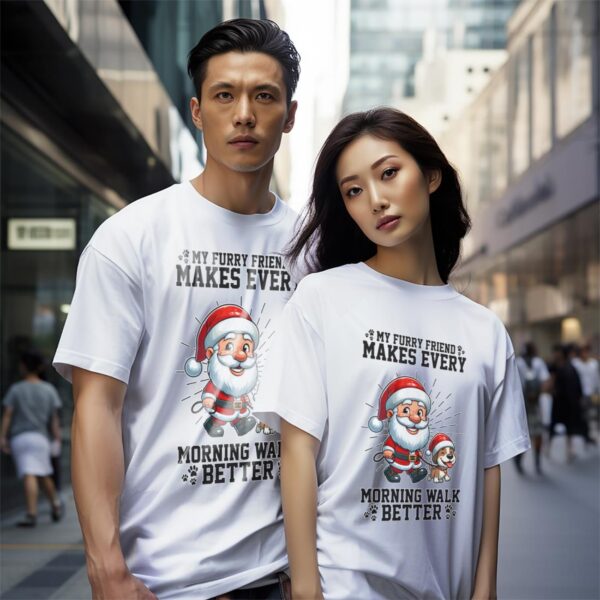 Funny Santa Morning Walk With His Dog Merry Christmas Christmas Shirt - White Couple White T-Shirt